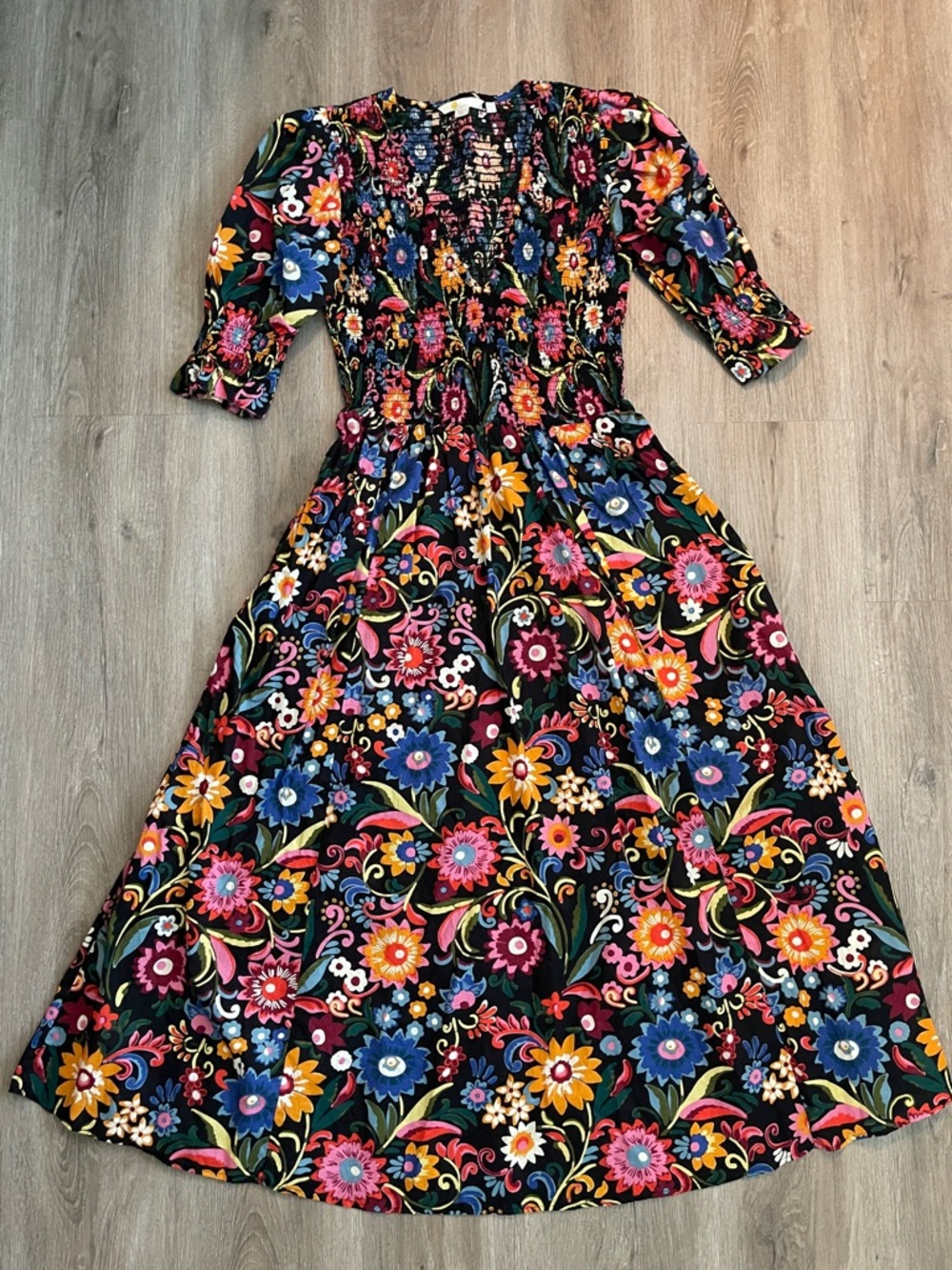 Boden Black Floral Smocked Dress with Multicolor Blooms
